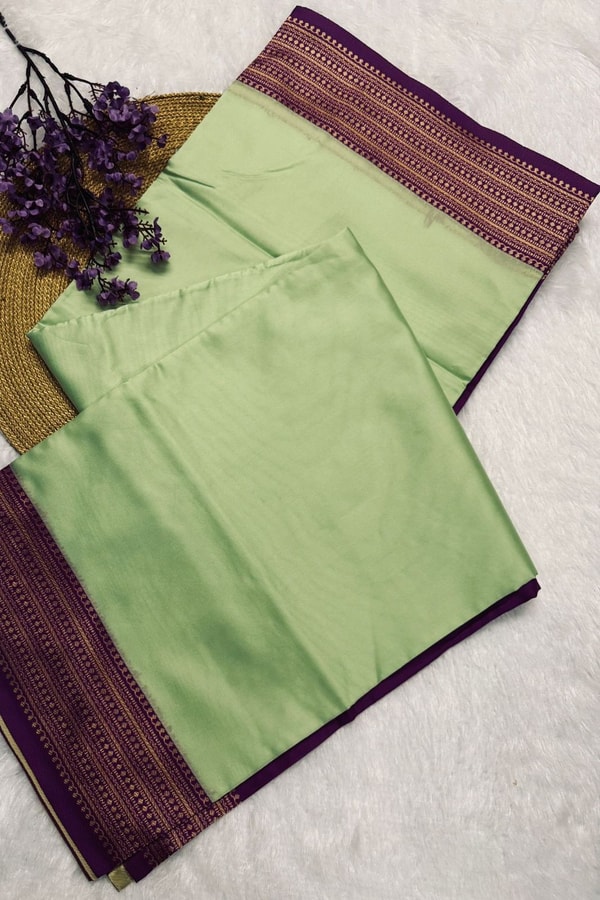 Mint Green Banarasi Soft Silk Saree with Contrast Magenta Zari Border and Striped Pallu  in Surat