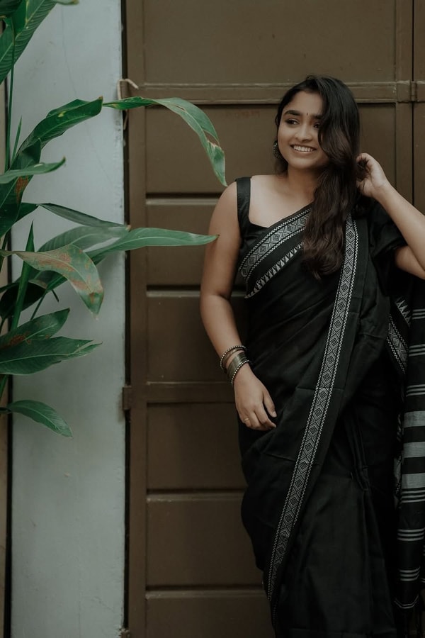 Monochrome Black and White Saree with Woven Temple Stripe Border and Striped Pallu  in Surat
