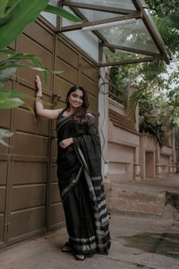 Monochrome Black and White Saree with Woven Temple Stripe Border and Striped Pallu  in Surat