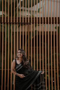 Monochrome Black and White Saree with Woven Temple Stripe Border and Striped Pallu  in Surat