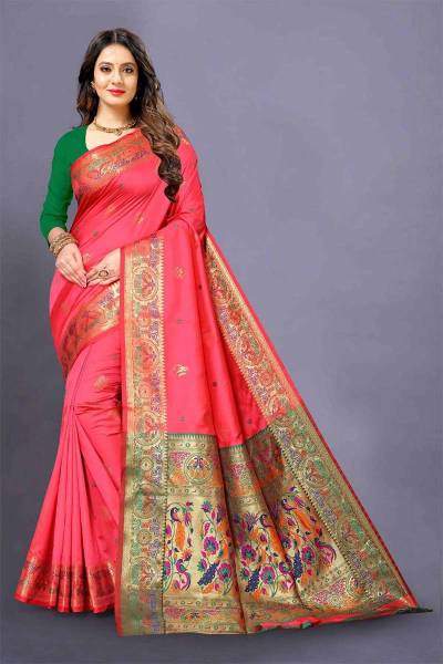 Multi Color Thread Mina Border and Pallu with Allover Zari Butta Paithani Saree in Surat