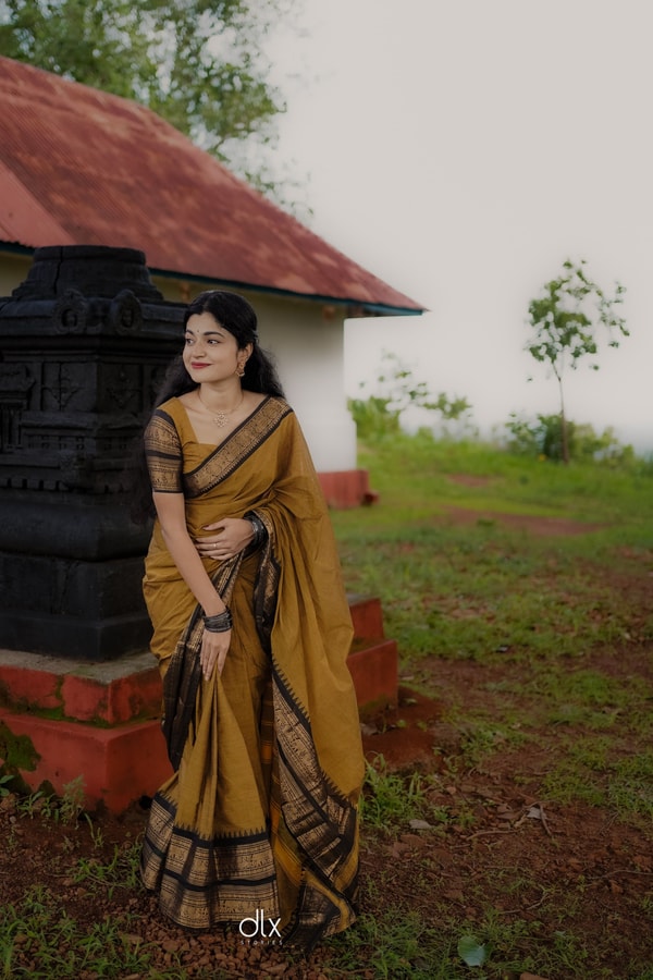 Mustard Gold Banarasi Saree with Black Striped Border and Woven Zari Pallu  in Surat