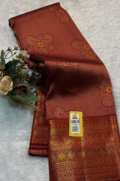 Mustard Gold Banarasi Soft Silk Saree with Maroon Zari Medallions and Maroon Border in Surat
