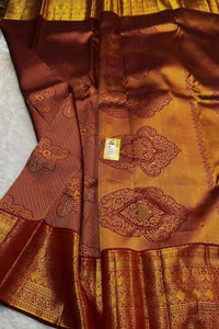 Mustard Gold Banarasi Soft Silk Saree with Maroon Zari Medallions and Maroon Border  in Surat