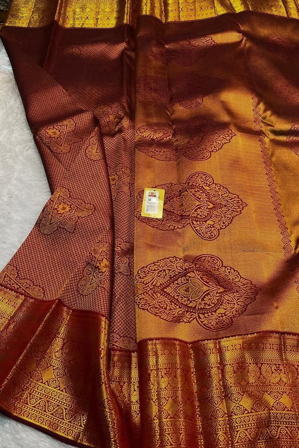 Mustard Gold Banarasi Soft Silk Saree with Maroon Zari Medallions and Maroon Border  in Surat