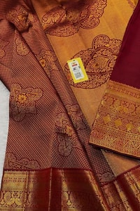 Mustard Gold Banarasi Soft Silk Saree with Maroon Zari Medallions and Maroon Border  in Surat