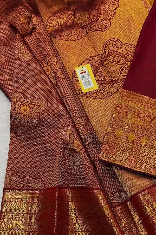 Mustard Gold Banarasi Soft Silk Saree with Maroon Zari Medallions and Maroon Border  in Surat