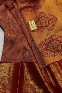 Mustard Gold Banarasi Soft Silk Saree with Maroon Zari Medallions and Maroon Border  in Surat