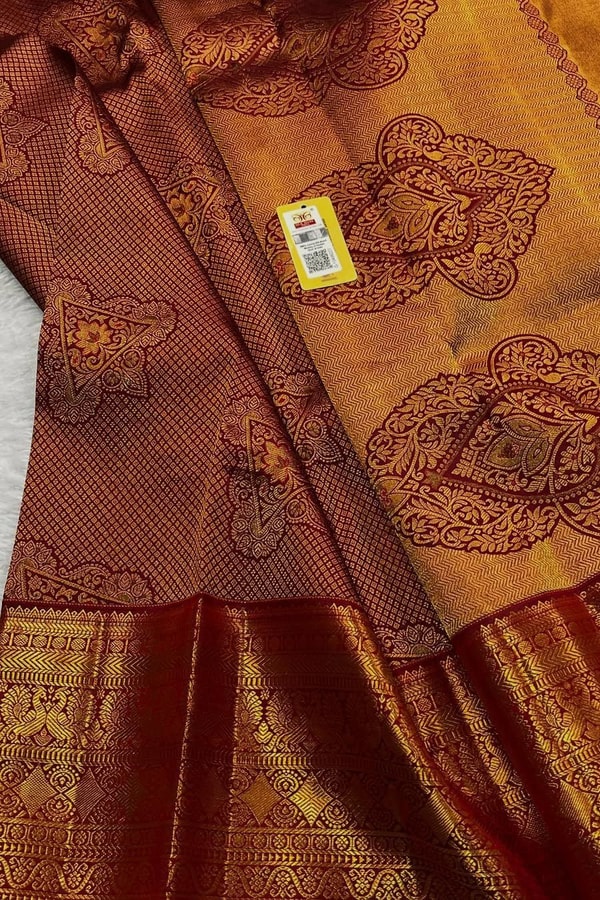 Mustard Gold Banarasi Soft Silk Saree with Maroon Zari Medallions and Maroon Border  in Surat