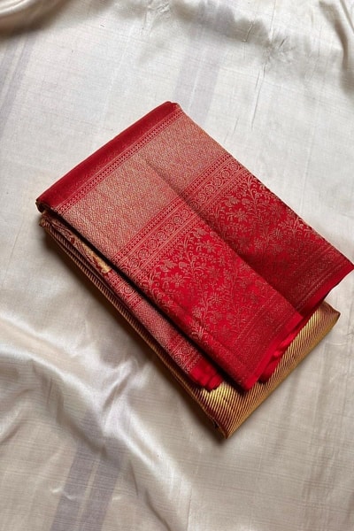 Mustard Gold Banarasi Soft Silk Saree with Wide Red Zari Brocade Border and Pallu in Surat