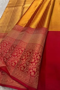 Mustard Gold Banarasi Soft Silk Saree with Wide Red Zari Brocade Border and Pallu  in Surat