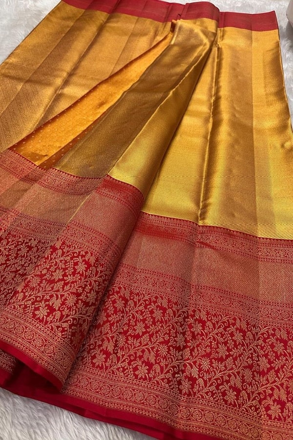 Mustard Gold Banarasi Soft Silk Saree with Wide Red Zari Brocade Border and Pallu  in Surat