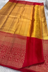 Mustard Gold Banarasi Soft Silk Saree with Wide Red Zari Brocade Border and Pallu  in Surat