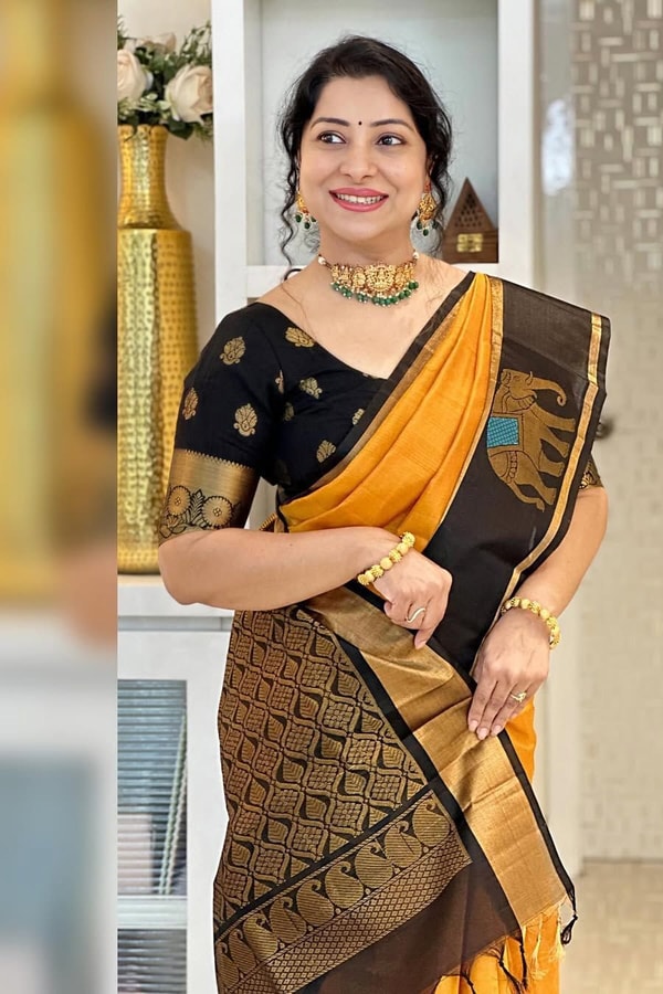 Mustard Orange Banarasi Soft Silk Saree with Contrast Black Elephant Motif Zari Border  in Surat