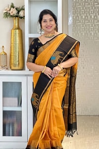 Mustard Orange Banarasi Soft Silk Saree with Contrast Black Elephant Motif Zari Border  in Surat