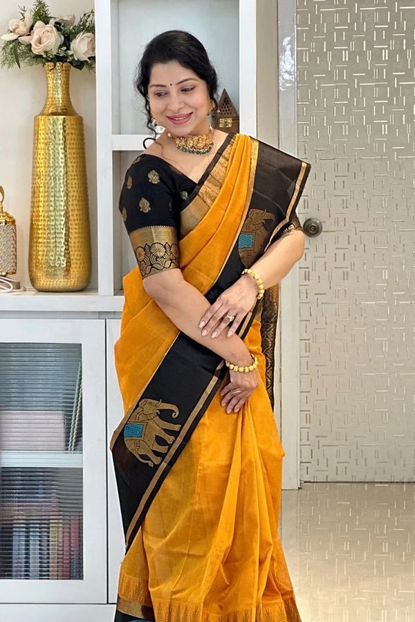 Mustard Orange Banarasi Soft Silk Saree with Contrast Black Elephant Motif Zari Border  in Surat