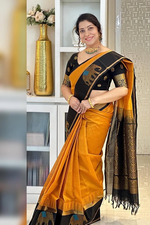 Mustard Orange Banarasi Soft Silk Saree with Contrast Black Elephant Motif Zari Border  in Surat