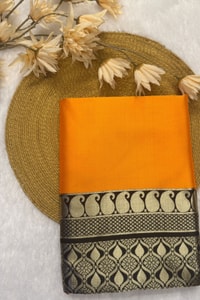Mustard Orange Banarasi Soft Silk Saree with Contrast Black Elephant Motif Zari Border  in Surat
