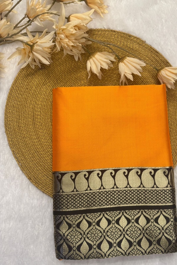Mustard Orange Banarasi Soft Silk Saree with Contrast Black Elephant Motif Zari Border  in Surat