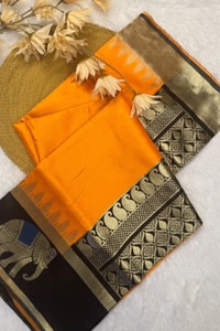 Mustard Orange Banarasi Soft Silk Saree with Contrast Black Elephant Motif Zari Border  in Surat