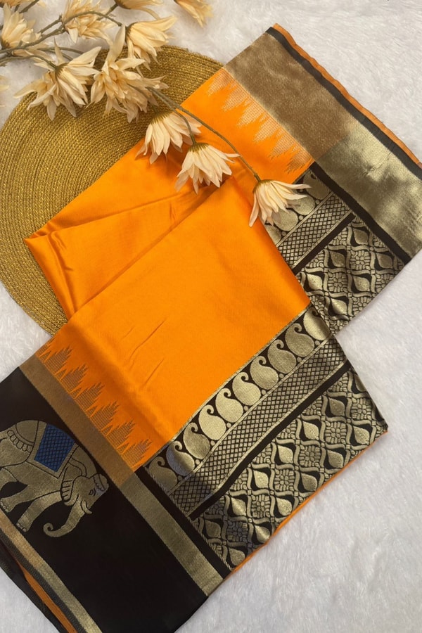 Mustard Orange Banarasi Soft Silk Saree with Contrast Black Elephant Motif Zari Border  in Surat