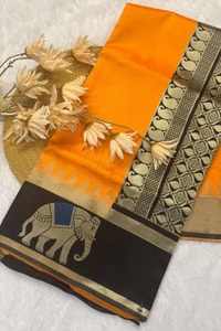 Mustard Orange Banarasi Soft Silk Saree with Contrast Black Elephant Motif Zari Border  in Surat