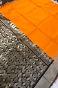 Mustard Orange Banarasi Soft Silk Saree with Contrast Black Elephant Motif Zari Border  in Surat