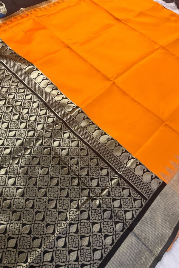 Mustard Orange Banarasi Soft Silk Saree with Contrast Black Elephant Motif Zari Border  in Surat