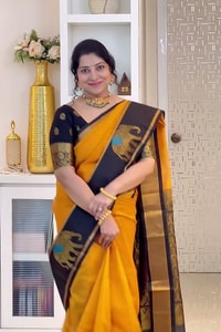 Mustard Orange Banarasi Soft Silk Saree with Contrast Black Elephant Motif Zari Border  in Surat video 1