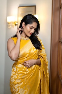 Mustard Yellow Banarasi Soft Silk Saree with All-Over Gold Floral Zari Jaal  in Surat