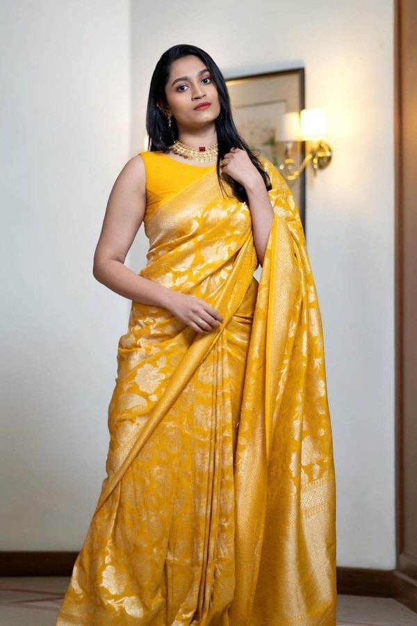 Mustard Yellow Banarasi Soft Silk Saree with All-Over Gold Floral Zari Jaal  in Surat