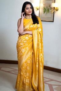Mustard Yellow Banarasi Soft Silk Saree with All-Over Gold Floral Zari Jaal  in Surat