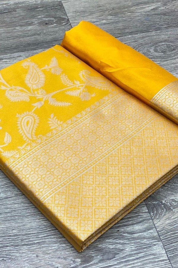 Mustard Yellow Banarasi Soft Silk Saree with All-Over Gold Floral Zari Jaal  in Surat