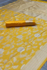 Mustard Yellow Banarasi Soft Silk Saree with All-Over Gold Floral Zari Jaal  in Surat