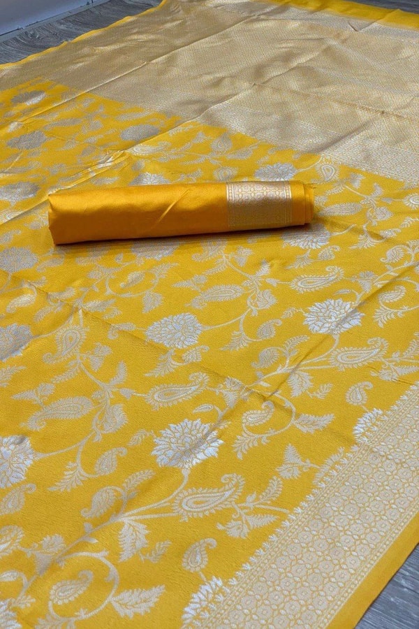 Mustard Yellow Banarasi Soft Silk Saree with All-Over Gold Floral Zari Jaal  in Surat