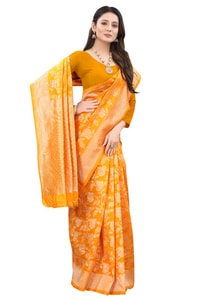 Mustard Yellow Banarasi Soft Silk Saree with All-Over Gold Floral Zari Jaal  in Surat