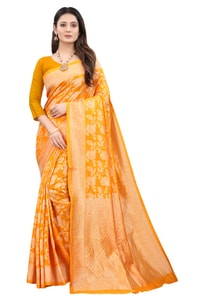 Mustard Yellow Banarasi Soft Silk Saree with All-Over Gold Floral Zari Jaal  in Surat
