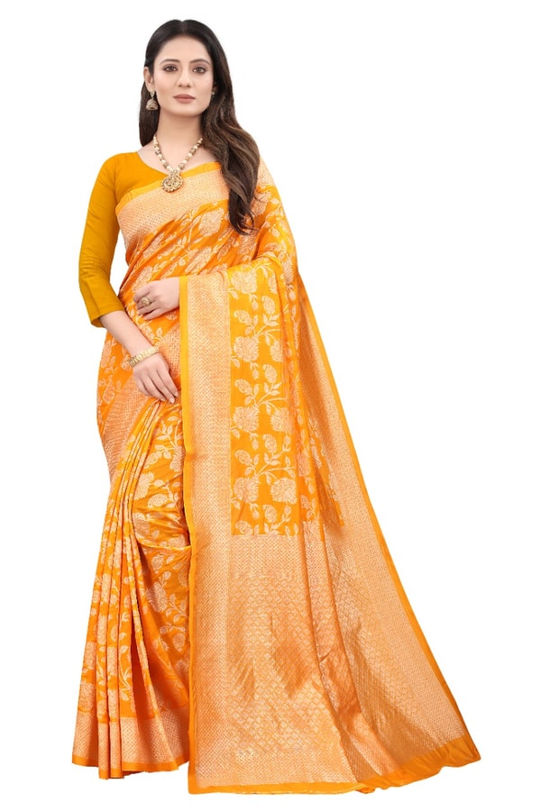 Mustard Yellow Banarasi Soft Silk Saree with All-Over Gold Floral Zari Jaal  in Surat