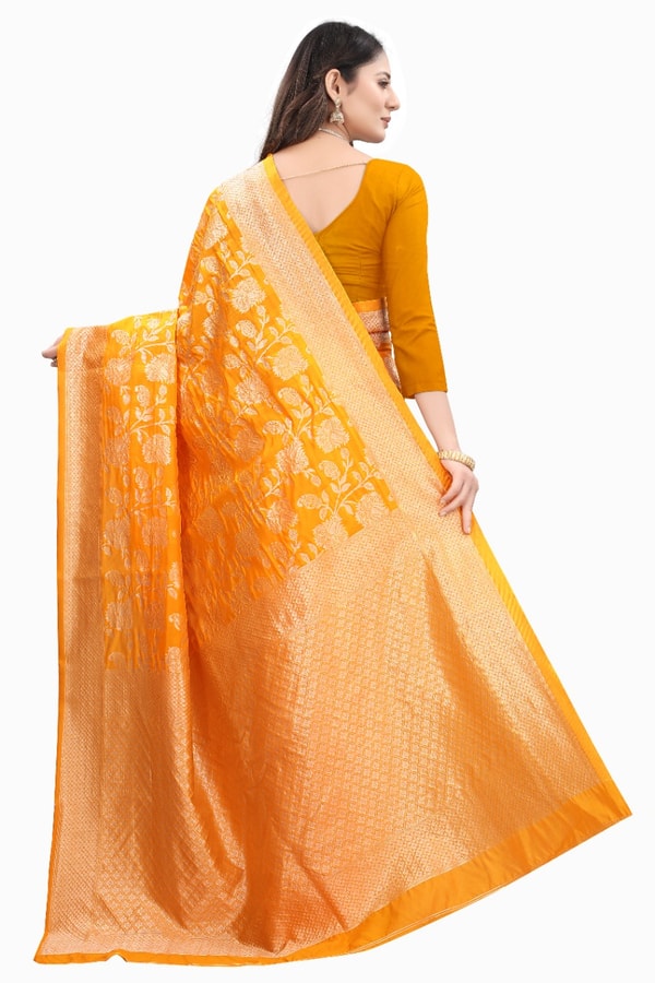 Mustard Yellow Banarasi Soft Silk Saree with All-Over Gold Floral Zari Jaal  in Surat