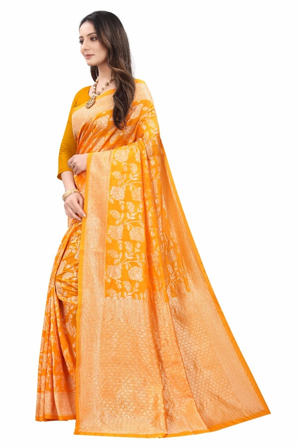 Mustard Yellow Banarasi Soft Silk Saree with All-Over Gold Floral Zari Jaal  in Surat