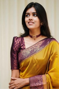 Mustard Yellow Banarasi Soft Silk Saree with Contrast Wine Border and Copper Zari Pallu  in Surat