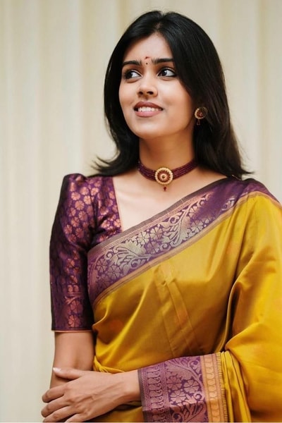 Mustard Yellow Banarasi Soft Silk Saree with Contrast Wine Border and Copper Zari Pallu in Surat