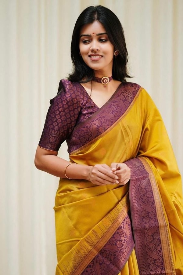 Mustard Yellow Banarasi Soft Silk Saree with Contrast Wine Border and Copper Zari Pallu  in Surat