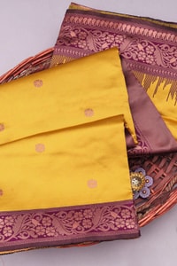 Mustard Yellow Banarasi Soft Silk Saree with Contrast Wine Border and Copper Zari Pallu  in Surat