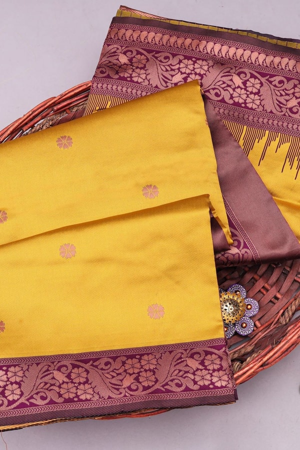 Mustard Yellow Banarasi Soft Silk Saree with Contrast Wine Border and Copper Zari Pallu  in Surat