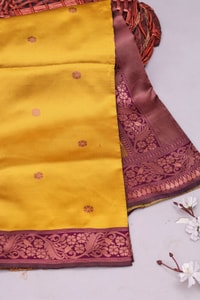Mustard Yellow Banarasi Soft Silk Saree with Contrast Wine Border and Copper Zari Pallu  in Surat