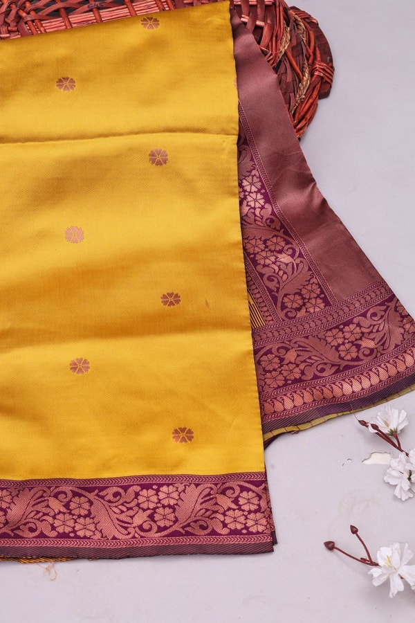 Mustard Yellow Banarasi Soft Silk Saree with Contrast Wine Border and Copper Zari Pallu  in Surat