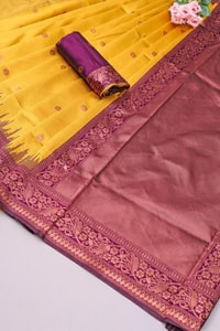 Mustard Yellow Banarasi Soft Silk Saree with Contrast Wine Border and Copper Zari Pallu  in Surat