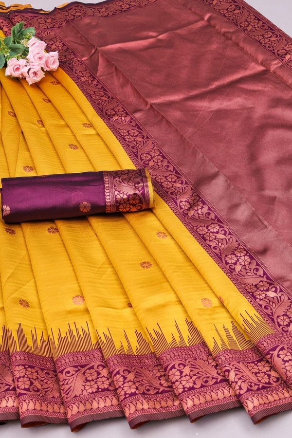 Mustard Yellow Banarasi Soft Silk Saree with Contrast Wine Border and Copper Zari Pallu  in Surat