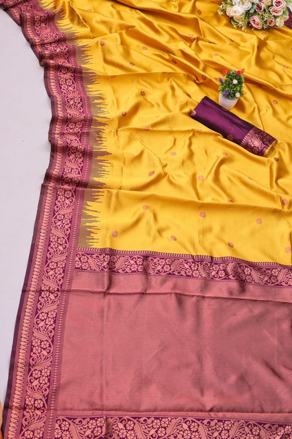 Mustard Yellow Banarasi Soft Silk Saree with Contrast Wine Border and Copper Zari Pallu  in Surat